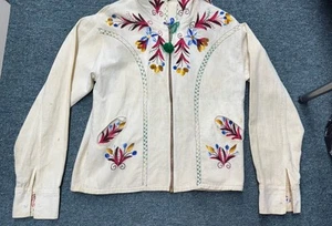 Vintage Mexican hand embroidered blouse Jacket floral Oaxacan Sz M Hooded - Picture 1 of 11