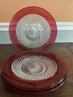 Indiana Glass Diamond Point 10.25" Red Band Ruby Stained Dinner Plate  - Image 1 of 4