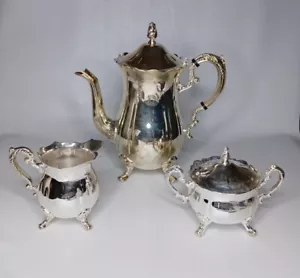 3 Piece Silver Tea Set Teapot Creamer Sugar Made In Hong Kong - Picture 1 of 7
