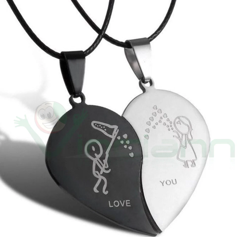 Collana doppio ciondolo pendente+laccetto cuore spezzato metà I Love You acciaio - Immagine 1 di 1
