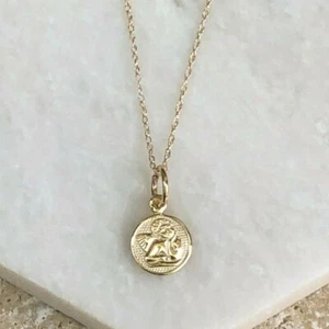 10KT Baby-Sized Yellow Gold Angel Medal Charm Pendant Chain Necklace NEW 18" - Picture 1 of 6