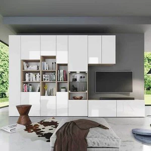 Parete attrezzata 340x205cm rovere bianco lucido con led salan salotto SHANTI - Foto 1 di 3