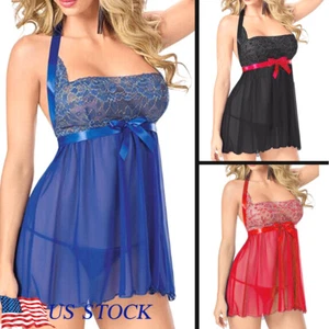 Plus Size Sexy Lingerie Women Backless Lace Babydoll Sleepwear Halter Nightdress - Picture 1 of 8