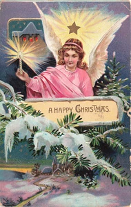 VINTAGE TUCK CHRISTMAS POSTCARD ANGEL WITH CANDLE 1908 EMBOSSED 060125 U - Imagen 1 de 2