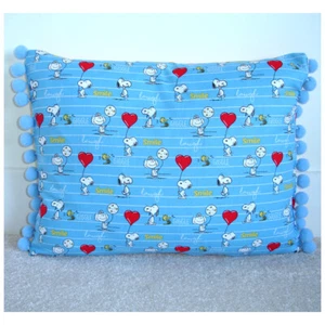 Snoopy Cushion Cover 12x16 Pom Pom Trim Blue Yellow Woodstock Lucy Snoopy - Picture 1 of 6