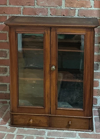 Antique c1850's Walnut Wood Display Cabinet, Cupboard, w/Drawers, Seeded Glass Cover