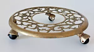 Vintage 11" Round BRASS Filigree Rolling Dolly Floor Plant Stand WHEELS Taiwan - Picture 1 of 4