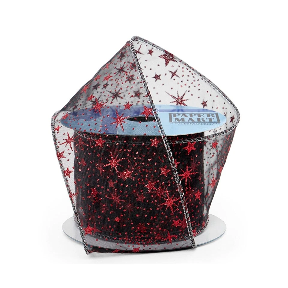 Red Black Glitter Stars On Wired Ribbon - 2 1/2in. x 10 Yards (pm56410302) - Image 1 of 1