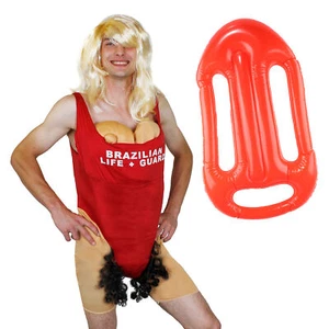 MENS BRAZILIAN LIFEGUARD FANCY DRESS COSTUME STAG NIGHT OUTFIT FUNNY WIG FLOAT - Picture 1 of 5