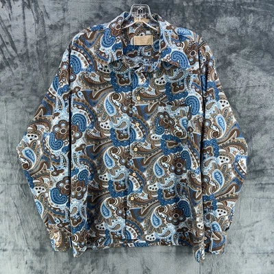 Vtg Sears Kings Road Shirt Mens Blue Paisley Retro Disco Dagger Collar 17 17.5 - Image 1 of 4