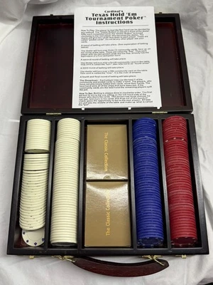 Cardinal's Texas Hold 'Em Poker Set Dark Maroon Wooden Case 2 Card Decks - Image 1 of 4