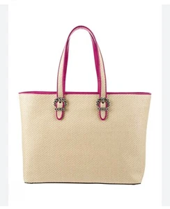Bolso de Hombro JIMMY CHOO CHERI Rafia Rosa Magenta Cuero Cristal Hebillas - Imagen 1 de 21