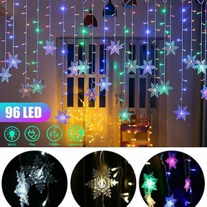 Christmas 96 LED Curtain Window Snowflake String Fairy Lights Waterproof Decor - Picture 1 of 16