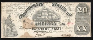 T-18 1861 $20 CONFEDERATE CURRENCY CIVIL WAR BANK NOTE 4974 - Imagen 1 de 2