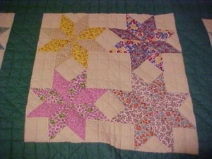 HANDMADE QUILT, FOUR STARS in 12  BLOCKS; FEEDSACKS, GREEN SASHING (1930s - Picture 1 of 7