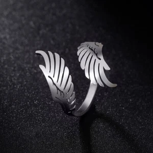Angel Wing Ring Women Men's Couple Ring Stainless Steel Feather Ring Adjustable - Picture 1 of 13