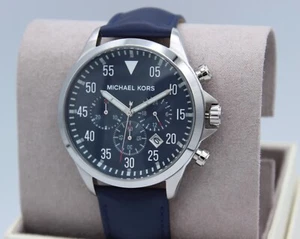 NEW AUTHENTIC MICHAEL KORS GAGE SILVER BLUE LEATHER CHRONOGRAPH MEN MK8617 WATCH - Picture 1 of 17
