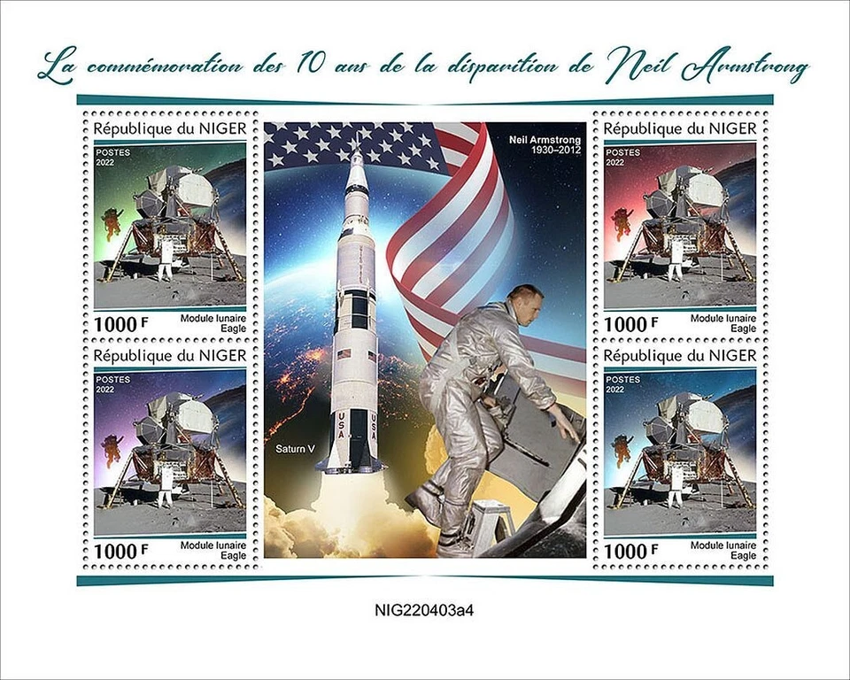 NASA Astronaut NEIL ARMSTRONG/Moon Space/Eagle Lander Stamp Sheet (2022 Niger) — 第 1/1 张图片