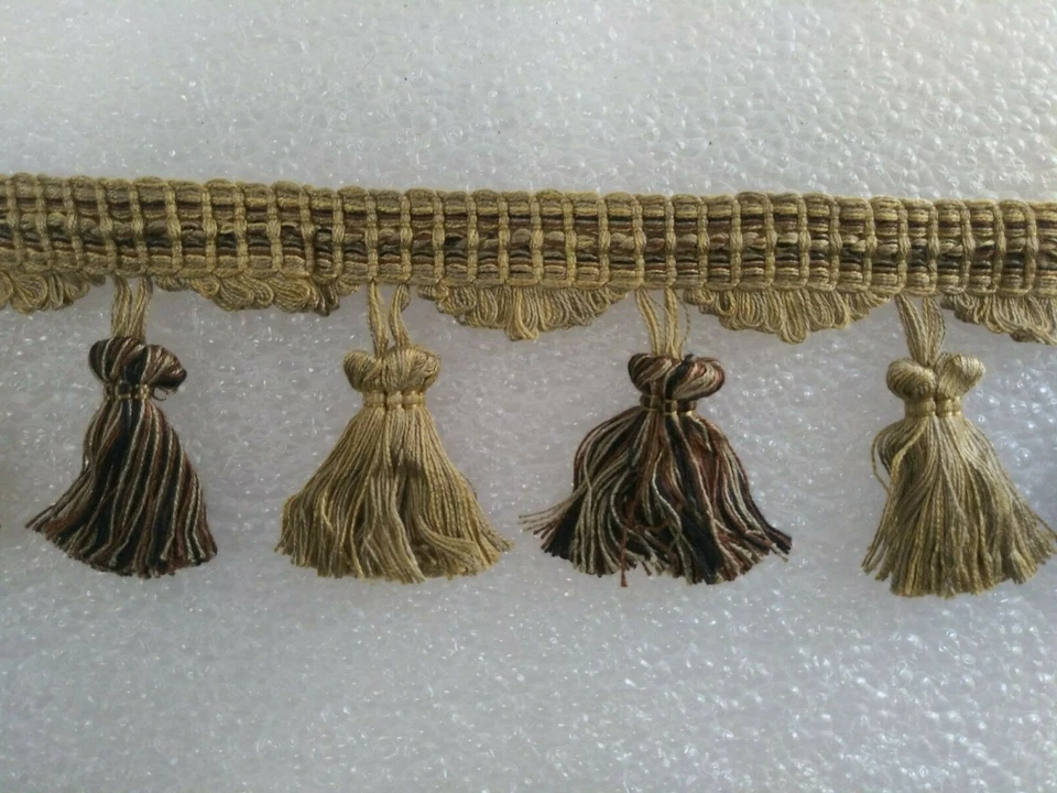 FRANJA BORLA 6 yardas 3"- MARRÓN/NEGRO/BEIGE/DORADO-Tapicería Cortina Tela Borde  Foto 1 de 1