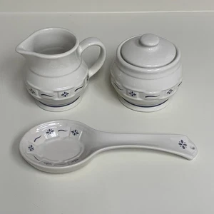 Longaberger Gewebt Traditionen Blau Milchkännchen & Zucker Set & Löffel Rest USA - Bild 1 von 16