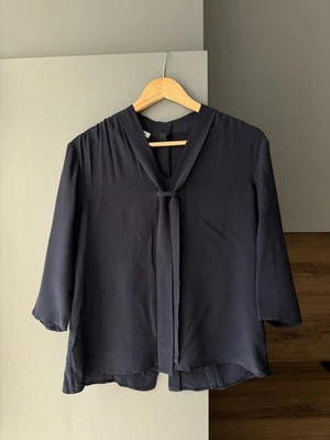 Prada Neck Tie Button Detailed Navy Blue Silk Top Size 42 - Image 1 of 4