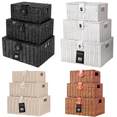 Set of 3 Resin Wicker Woven Storage Baskets with Lid & Lock Xmas Gift Hamper Box - Image 1 of 2