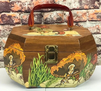 Wooden Mushroom Purse Vintage Handmade Decoupage Red Lucite Handle 70s Boho READ - Image 1 of 4