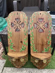 Vintage Pair Wooden Handmade Folk Art Painted Sconces Shelves Wall Hanging - Picture 1 of 15