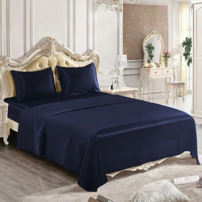 Conjunto de 4 lençóis de seda cetim liso bolso profundo lençol resistente a rugas desbotamento - Imagem 1 de 4