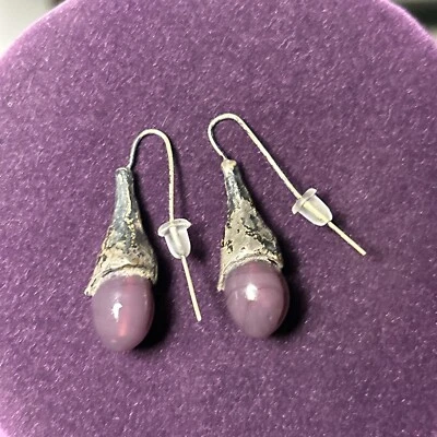 Vintage Lily of The Valley Drop Sterling Silver & Glass Amethyst Earrings 1.25” - Image 1 of 4