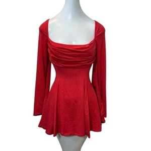 Lucy In The Sky S Shimmer Flare Sleeve Mini Dress Red Skater Open Back Going Out - Picture 1 of 9