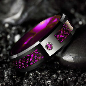 Men's Women's Black Tungsten Wedding Celtic Dragon Ring Inlay Purple Zircon Punk