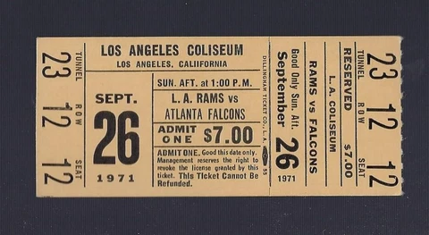 VINTAGE 1971 NFL ATLANTA FALCONS @ LOS ANGELES RAMS FULL TICKET ROMAN GABRIEL Cover
