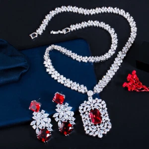 Conjunto de joyas nupciales rojas chapadas en plata con racimo de hojas cuadradas circonita cúbica - Imagen 1 de 17