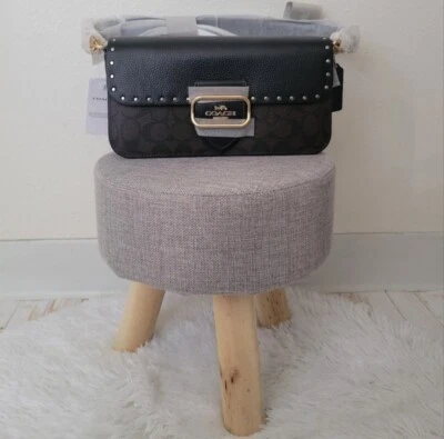 Bolso de Hombro Coach Morgan Negro Marrón Firma Lona Dorado Tachuelas Remaches Nuevo con Etiquetas Foto 1 de 4