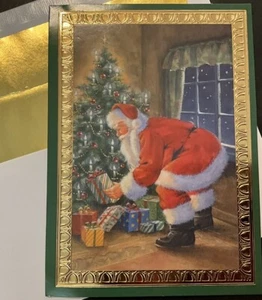 Vtg Christmas Greeting Card Santa Putting Gifts Under Decorated Tree Gold Frame - Picture 1 of 3