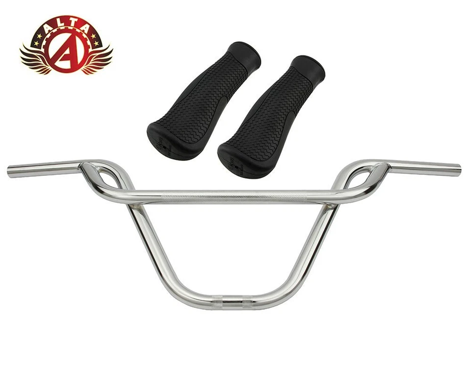 ALTA BMX Old School PRETZEL Chrome Handlebar W/135mm ERGO RIDGE BLACK BMX GRIP - Image 1 of 1