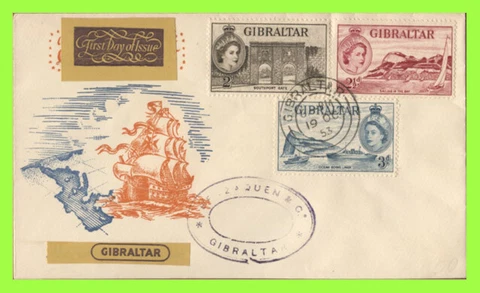 Gibraltar 1953 QEII 2d, 2½d and 3d definitives on illustrated First Day Cover Cover