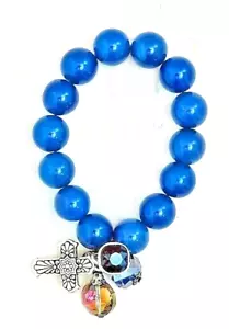 NWT CHRISTIAN ROYAL BLUE QUARTZ BEADED STRETCH BRACELET WITH CROSS & CRYSTALS - Picture 1 of 3