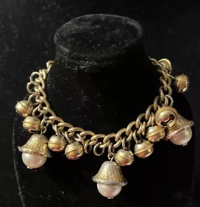 Vintage Faux Pearl Jingle Bell Gold-tone Bracelet Sold As Is - Picture 1 of 3