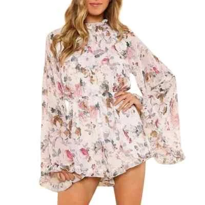 Chiffon Open Back Floral Long Bell Sleeve Romper Jumpsuit Playsuit New M L XL - image 1 of 4