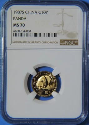 Rare 1987 S China 1/10 oz .999 Gold Panda 10 Yuan Coin NGC Graded MS70 - Image 1 of 4