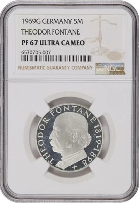 Germany 1969-G Theodore Fontane 150th B-day Silver 5 Mark NGC PR-67 Ultra Cameo - Image 1 of 3