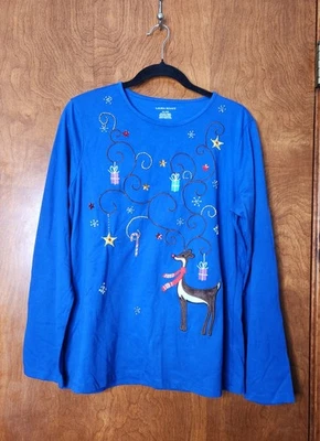 Top manga larga Laura Scott azul real bordado Navidad vacaciones reno Foto 1 de 4