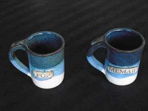 C-1169 2 Artisan Blue & Beige Signed Pottery Grandma & Grandpa Coffee Tea Mugs - Picture 1 of 4