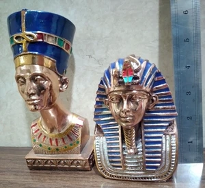 Set Of 2 EGYPTIAN head Statue King Tutankhamun & Queen Nefertiti-Luxury Painting - Picture 1 of 12