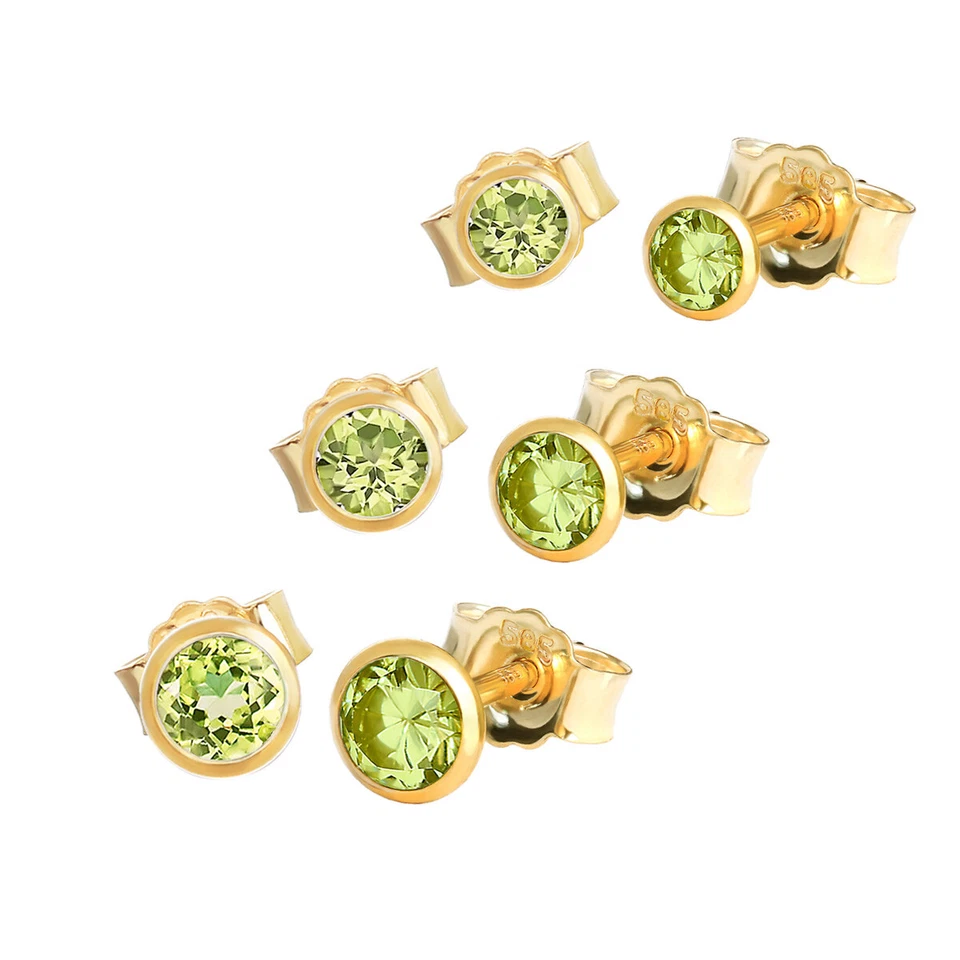 Paar Ohrstecker Echt Peridot Gelbgold 585 14 Karat Gold Kleine Ohrringe - Bild 1 von 1