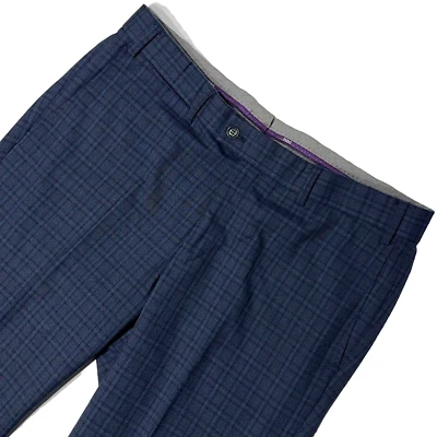 HILTL 100% Italian Wool Flat Front Dress Pants Blue Plaid Cuffed Men Size 36x32 - Image 1 of 4