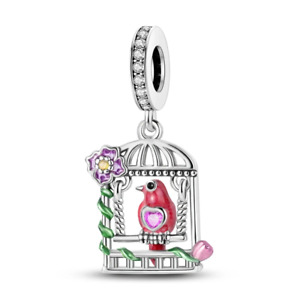 NEW Genuine S925 Sterling Silver Red Bird Cage CARDINAL Dangle CHARM Pendant