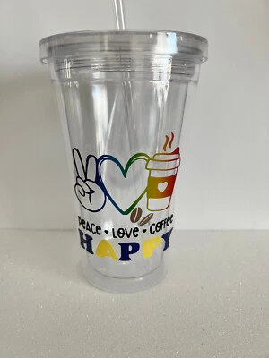 Peace Love Coffee Happy Beans GLossy Glitter Vinyl 16oz Acrylic Custom Tumbler - Image 1 of 3